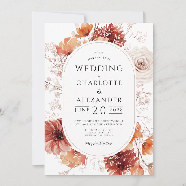 Boho Terracotta Rust Flowers Wedding  Invitation (Front)