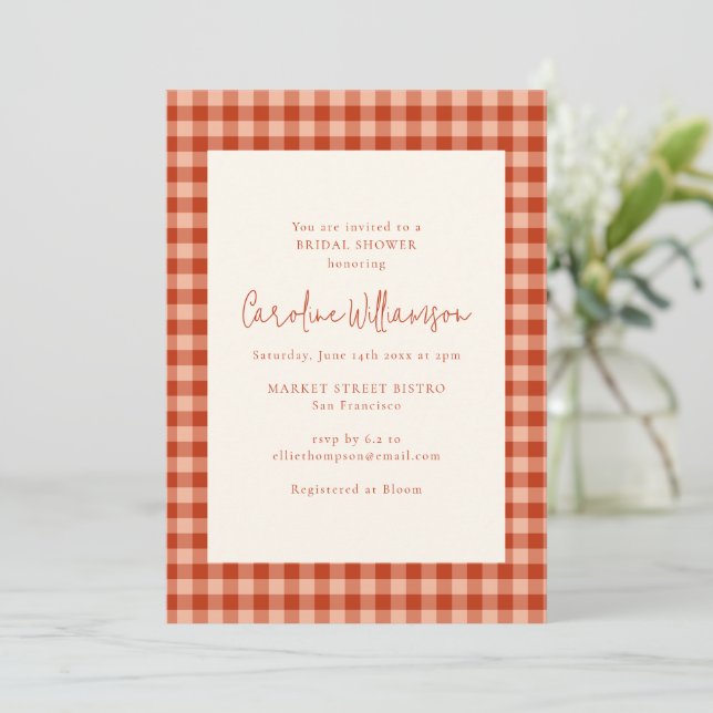 Boho Terracotta Rust Gingham Plaid Bridal Shower Invitation (Standing Front)