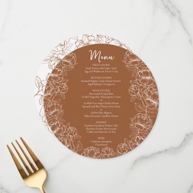 Boho Terracotta Rustic Floral Modern Round Wedding Menu (Front/Back In Situ)