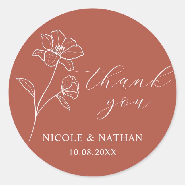 Boho Terracotta Rustic Wedding | Floral Thank you Classic Round Sticker (Front)