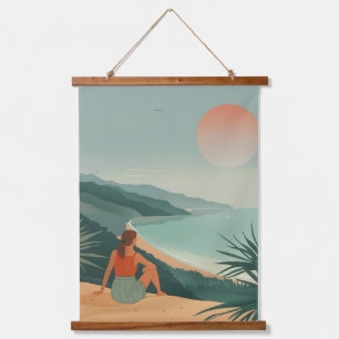 Boho Terracotta Sage Coastal Bay Sunset Landscape Hanging Tapestry