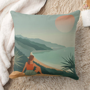 Boho Terracotta Sage Coastal Bay Sunset Landscape Throw Pillow