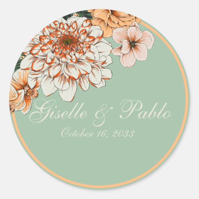 Boho Terracotta Sage Fall Floral Wedding  Classic Round Sticker (Front)