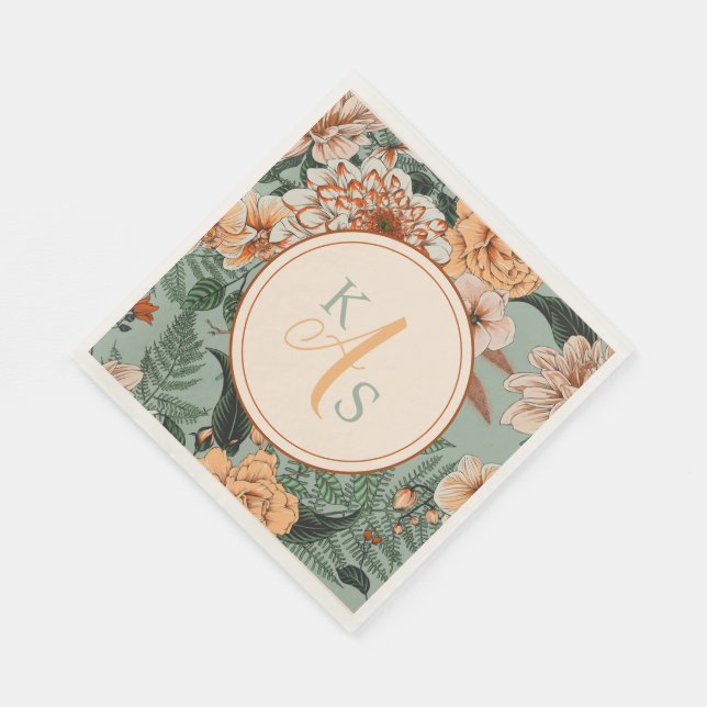 Boho Terracotta Sage Monogram Fall Wedding Napkin (Corner)