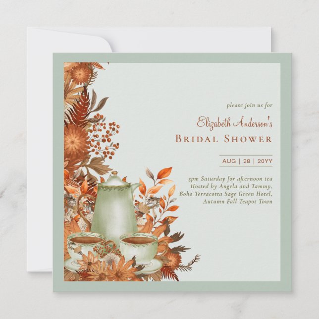 Boho Terracotta Sage Tea Party Baby Bridal Shower Invitation (Front)