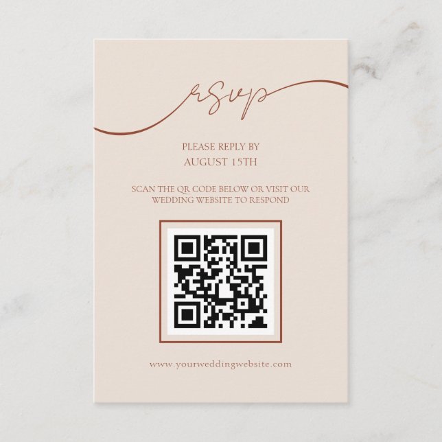 Boho Terracotta Script QR Code Wedding RSVP Card (Front)