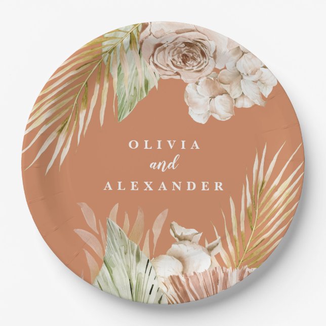 Boho Terracotta Tropical Floral and Palm wedding Paper Plate (Front)