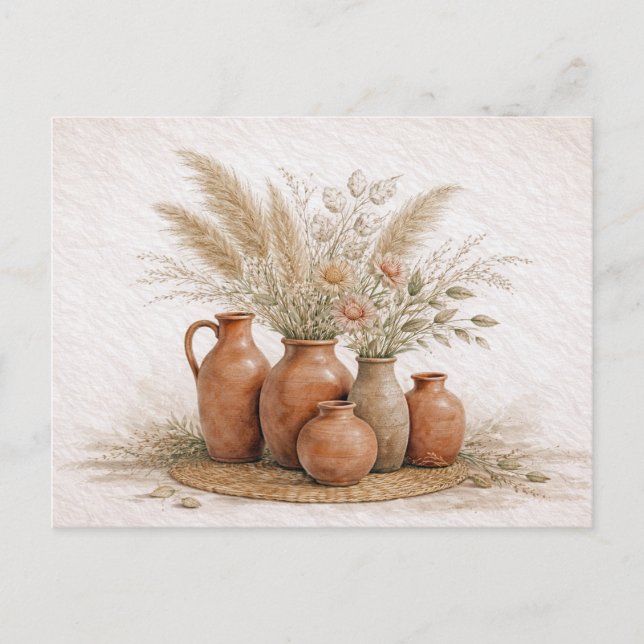 Boho Terracotta Vase Pampas Grass Floral  Postcard (Front)