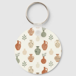 Boho Terracotta Vases Botanical Pattern Keychain
