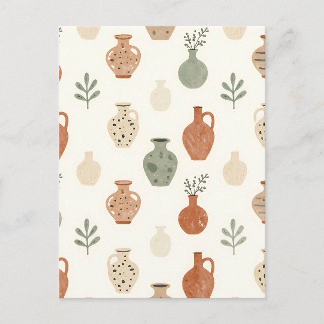 Boho Terracotta Vases Botanical Pattern Postcard (Front)