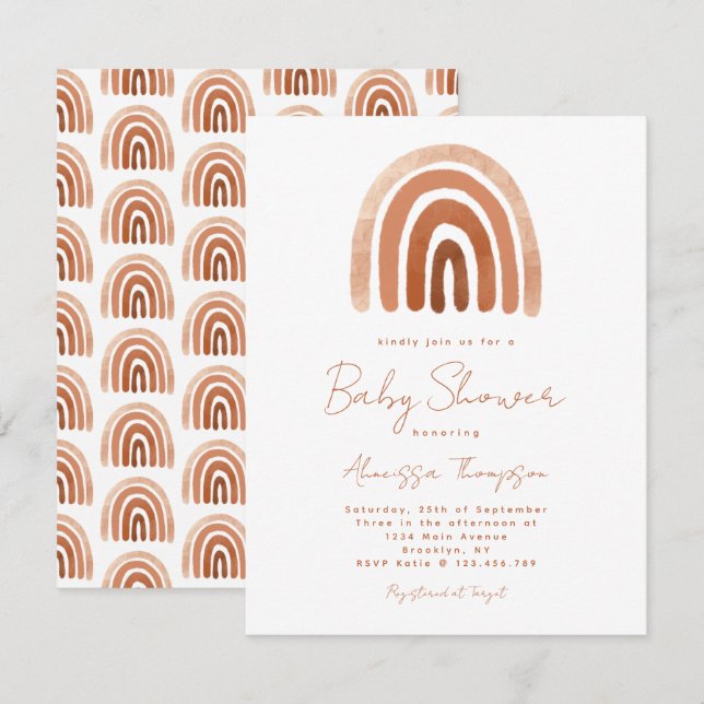 Boho Terracotta Watercolor Rainbow Baby Shower Invitation (Front/Back)