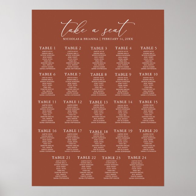 Boho Terracotta Wedding 24 Table Seating Chart (Front)