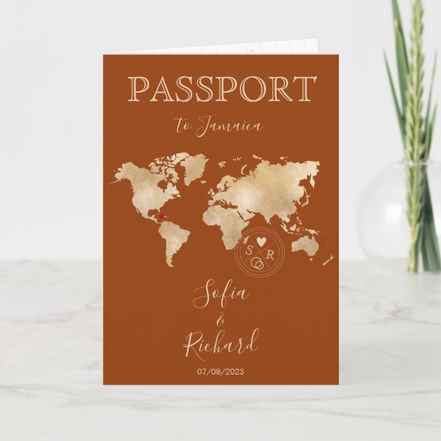 Boho Terracotta Wedding Passport Jamaica Map Invitation (Front)