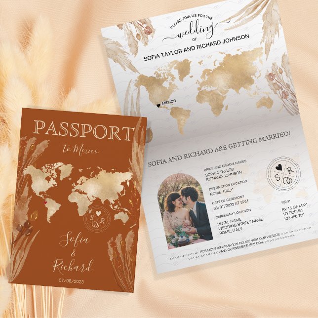 Boho Terracotta Wedding Passport World Map Invitation (Creator Uploaded)