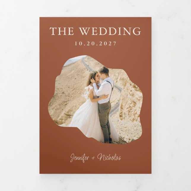 Boho Terracotta Wedding RSVP Details QR Code Photo Tri-Fold Invitation (Cover)