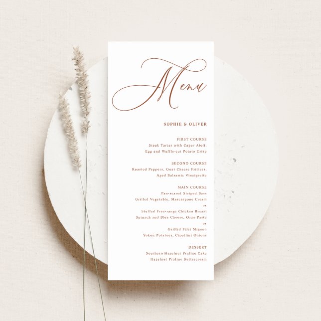 Boho Terracotta Whimsical Calligraphy Wedding Menu (Customizable wedding menu card featuring terracotta whimsical calligraphy. )