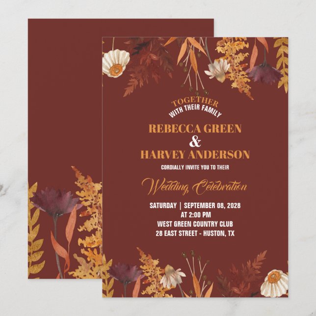 Boho Terracotta Wildflower Autumn Fall Wedding Invitation (Front/Back)