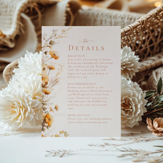Boho Terracotta Wildflowers Wedding Details Card (Boho Terracotta Wildflowers Wedding Details Card on a sunny table with boho flower bouquet.)