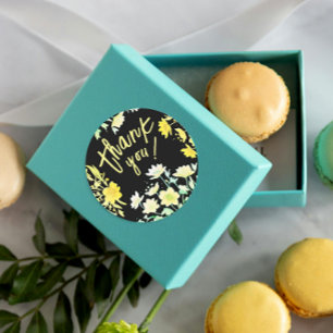 Boho Thank You Spring Green Yellow Black Floral Classic Round Sticker