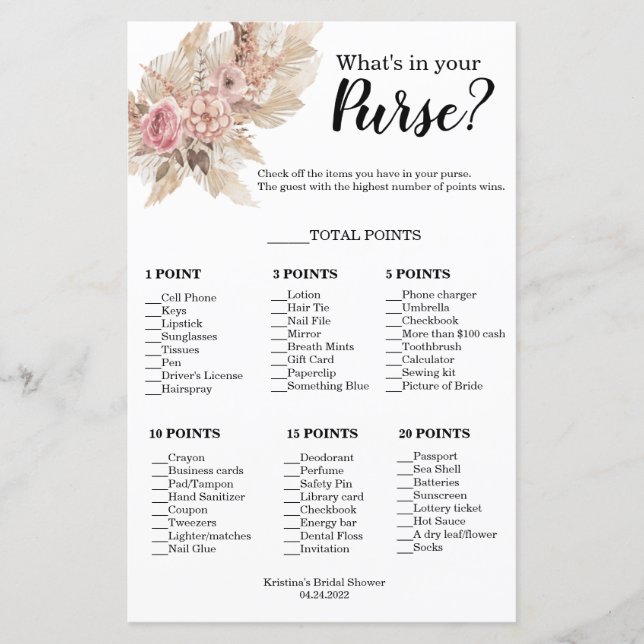 Boho Theme What's In Your Purse Shower Game (Front)