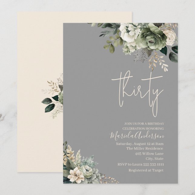 Boho thirty sage green flowers watercolor birthday invitation (Front/Back)