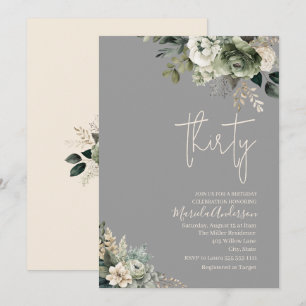 Boho thirty sage green flowers watercolor birthday invitation