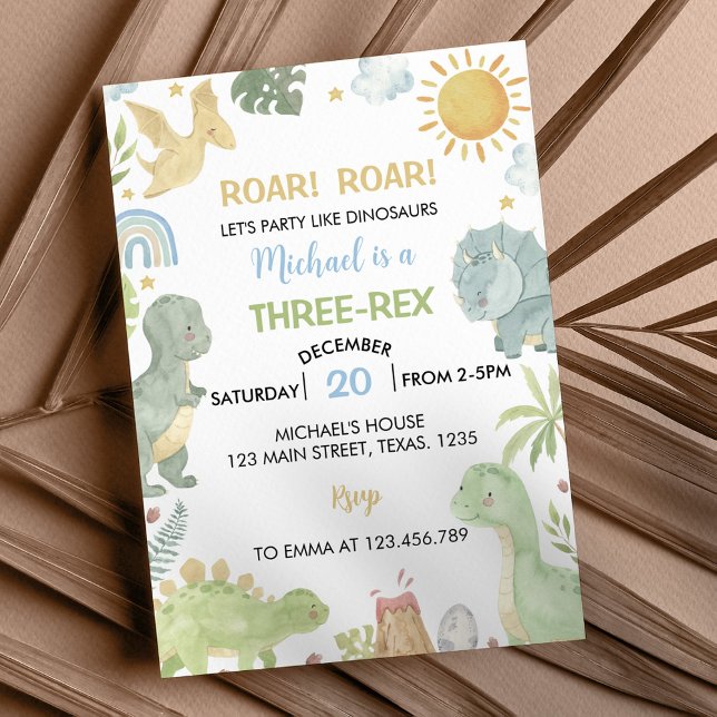 Boho Three-Rex Dinosaurs Birthday Party Invitation (Creator Uploaded)