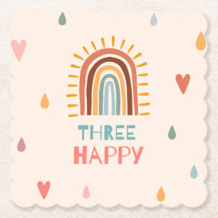 Boho Three Third Birthday Rainbow Paper Coaster