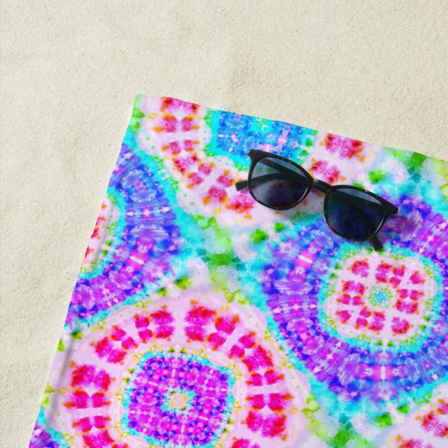 Boho Tie-Dye Purple Pink Blue Pattern Beach Towel (In Situ)