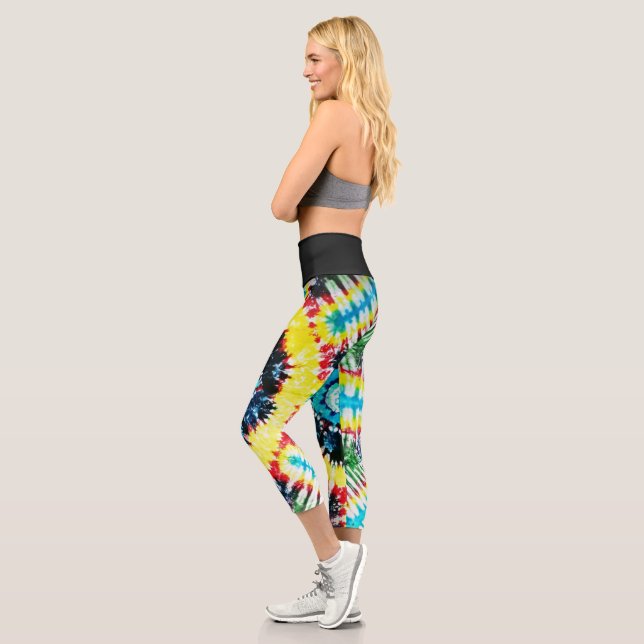 Boho Tie-Dyed Folk Art Vibrant Rainbow Colours Capri Leggings (Left)