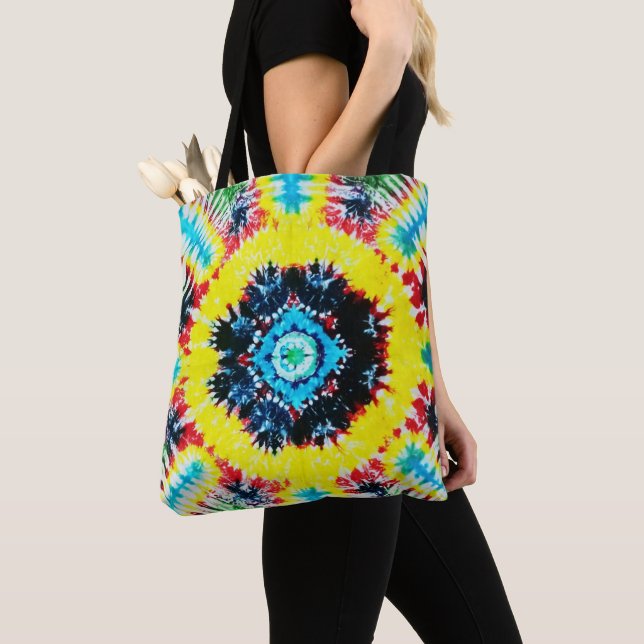 Boho Tie-Dyed Folk Art Vibrant Rainbow Colours Tote Bag (Close Up)