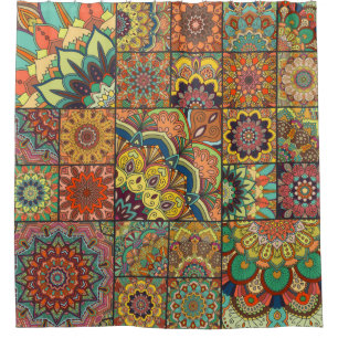 Boho tile set and seamless pattern. Colourful patc