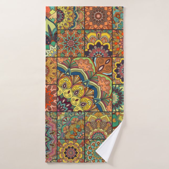 Boho tile set and seamless pattern. Colourful patc Bath Towel (Bath Towel)
