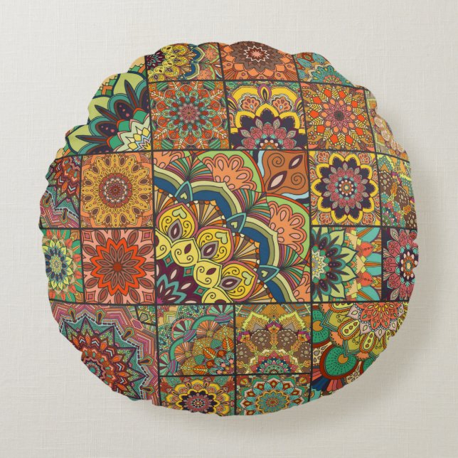Boho tile set and seamless pattern. Colourful patc Round Pillow (Front)
