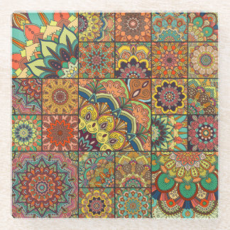 Boho tiles: colourful patchwork seamless pattern glass coaster