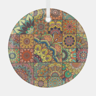 Boho tiles: colourful patchwork seamless pattern glass ornament