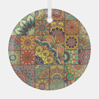 Boho tiles: colourful patchwork seamless pattern glass ornament