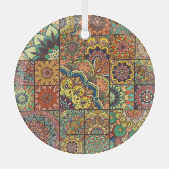 Boho tiles: colourful patchwork seamless pattern glass ornament (Front)