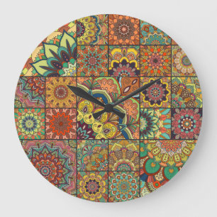 Boho tiles: colourful patchwork seamless pattern large clock