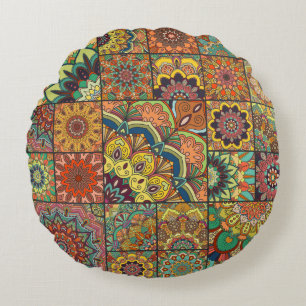 Boho tiles: colourful patchwork seamless pattern round pillow
