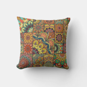 Boho tiles: colourful patchwork seamless pattern throw pillow