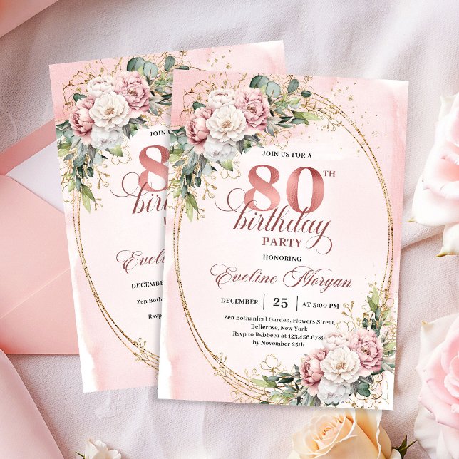 Boho Timeless Dusty Pink Flowers Gold Glitter 80th Invitation (Timeless Dusty Pink Flowers Gold Glitter 80th Invite)