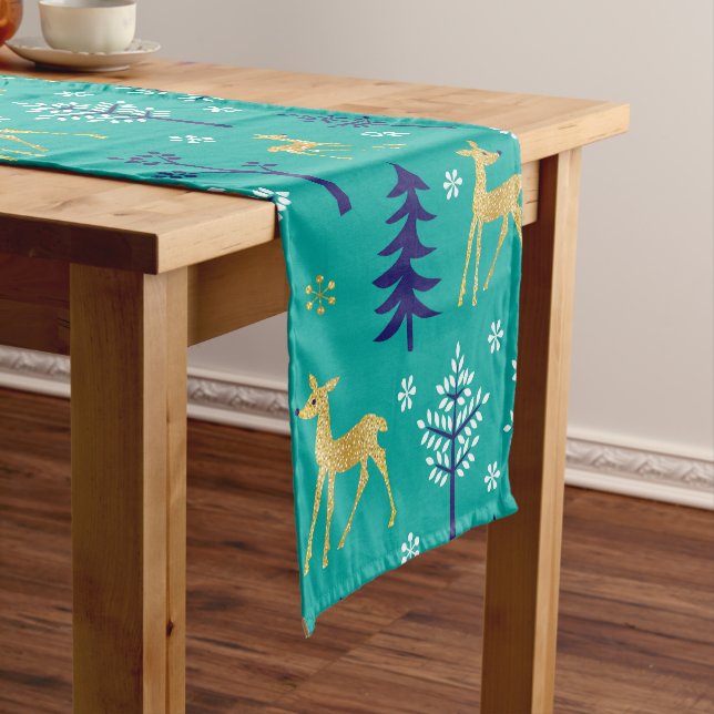 Boho Trees Gold Deers Modern Short Table Runner (In Situ)