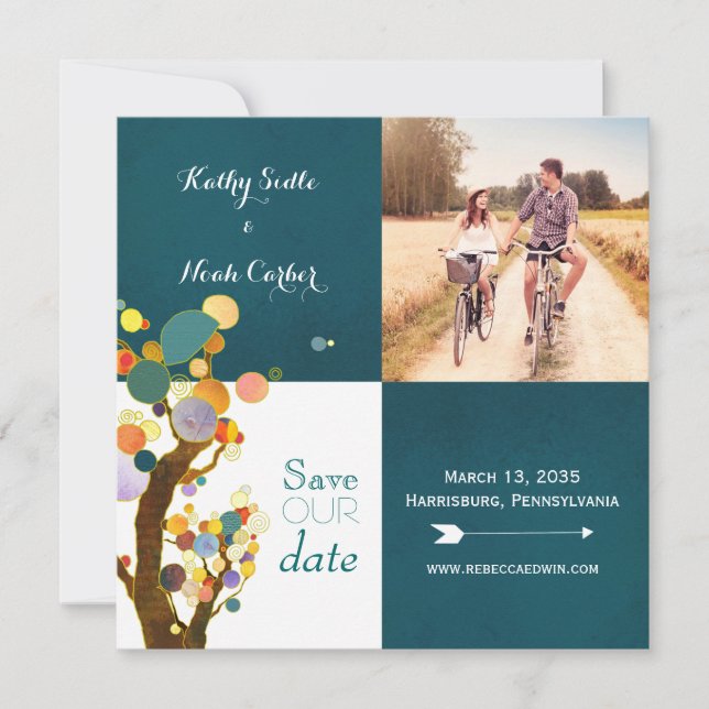 Boho Trees Teal Wedding Photo Save the Date (Front)