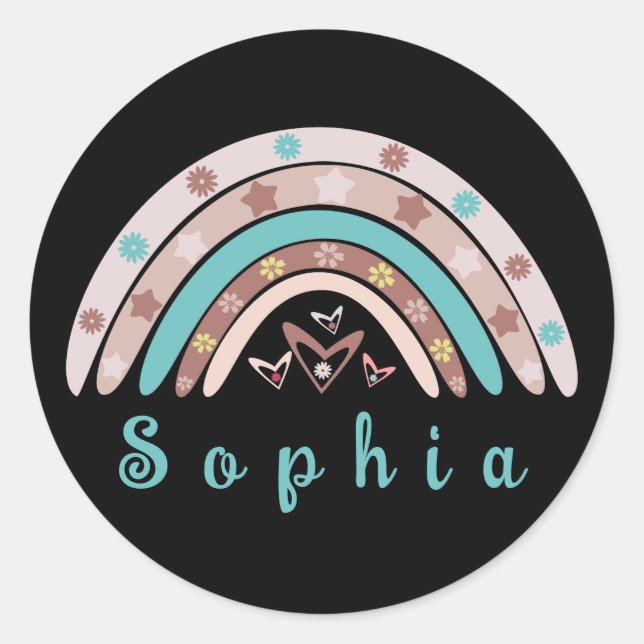 Boho Trendy Rainbow with Personalized Name Classic Round Sticker (Front)
