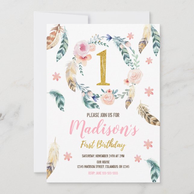 Boho Tribal 1er anniversaire Invitation pour une f (Devant)