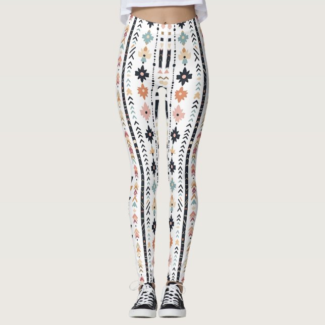 Boho Tribal Aztec Vertical Stripes Cream Rust Blue Leggings (Front)