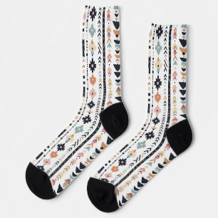 Boho Tribal Aztec Vertical Stripes Cream Rust Blue Socks