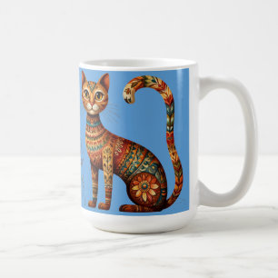 Boho Tribal Cat Cute Folk Art with Flowers Coffee Mug
