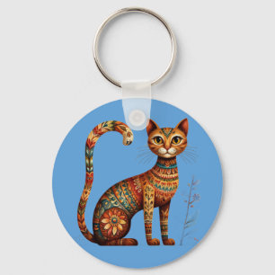 Boho Tribal Cat Cute Folk Art with Flowers Keychain